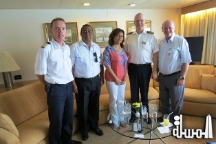 Cruise ship Ms ROTTERDAM docks in Port Victoria in Seychelles and Captain welcomed by island s Minister for Tourism